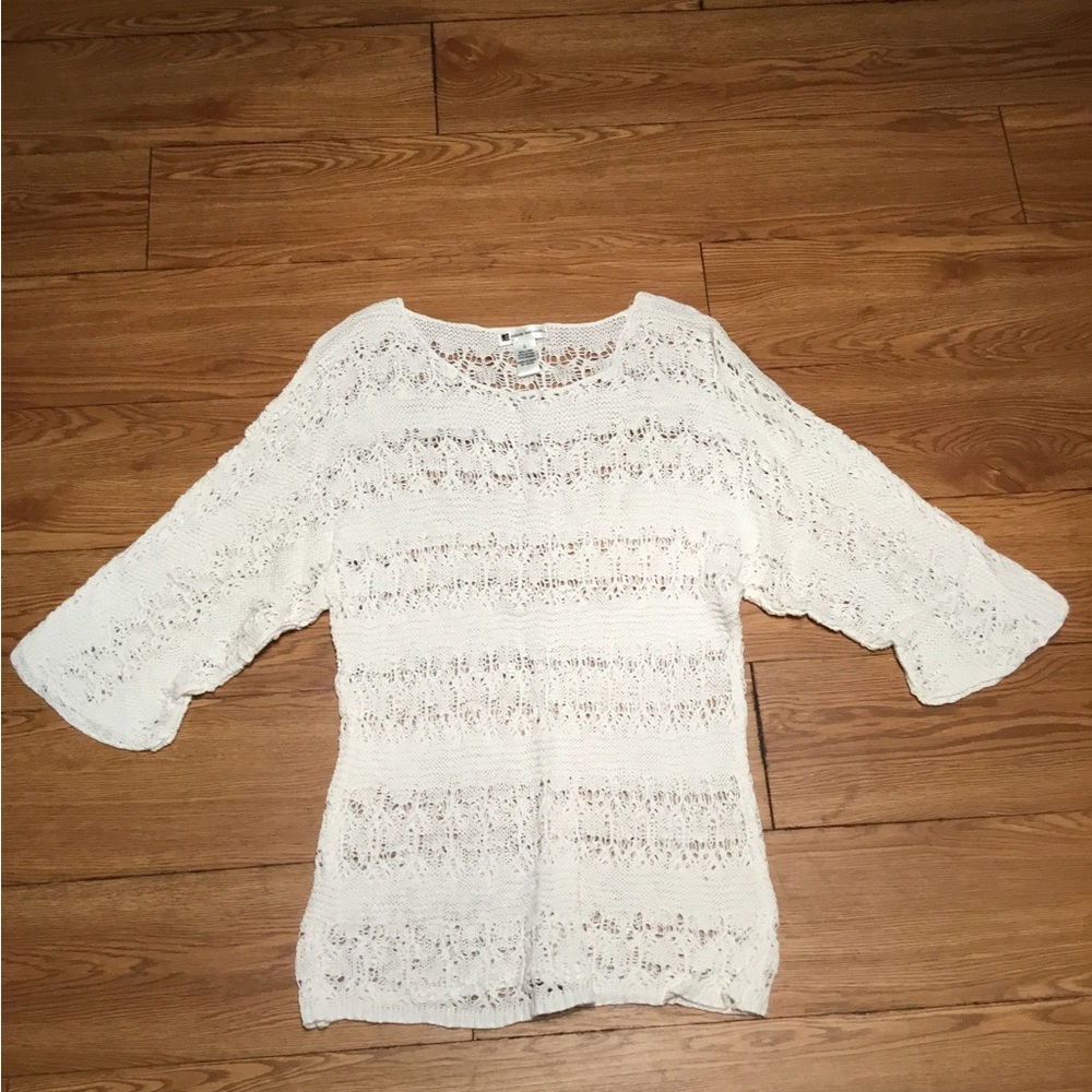 Valerie Bertinelli White Crocheted Linen Tunic Top Size Small